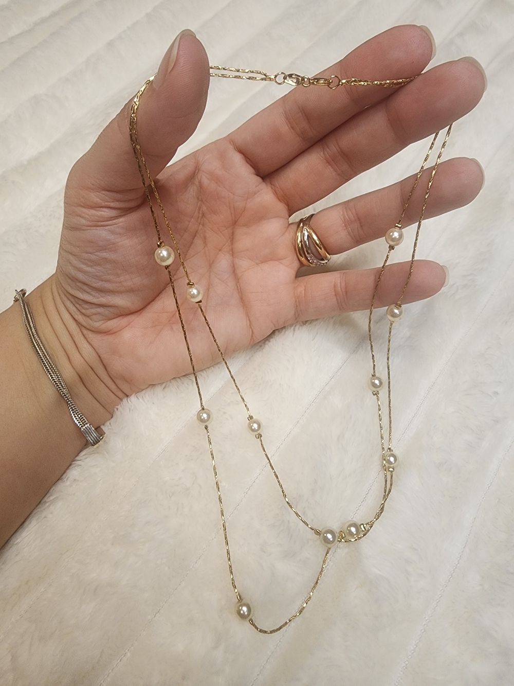 Gold Tone Double Strand Faux Pearl Station Necklace Layered Vintage Style